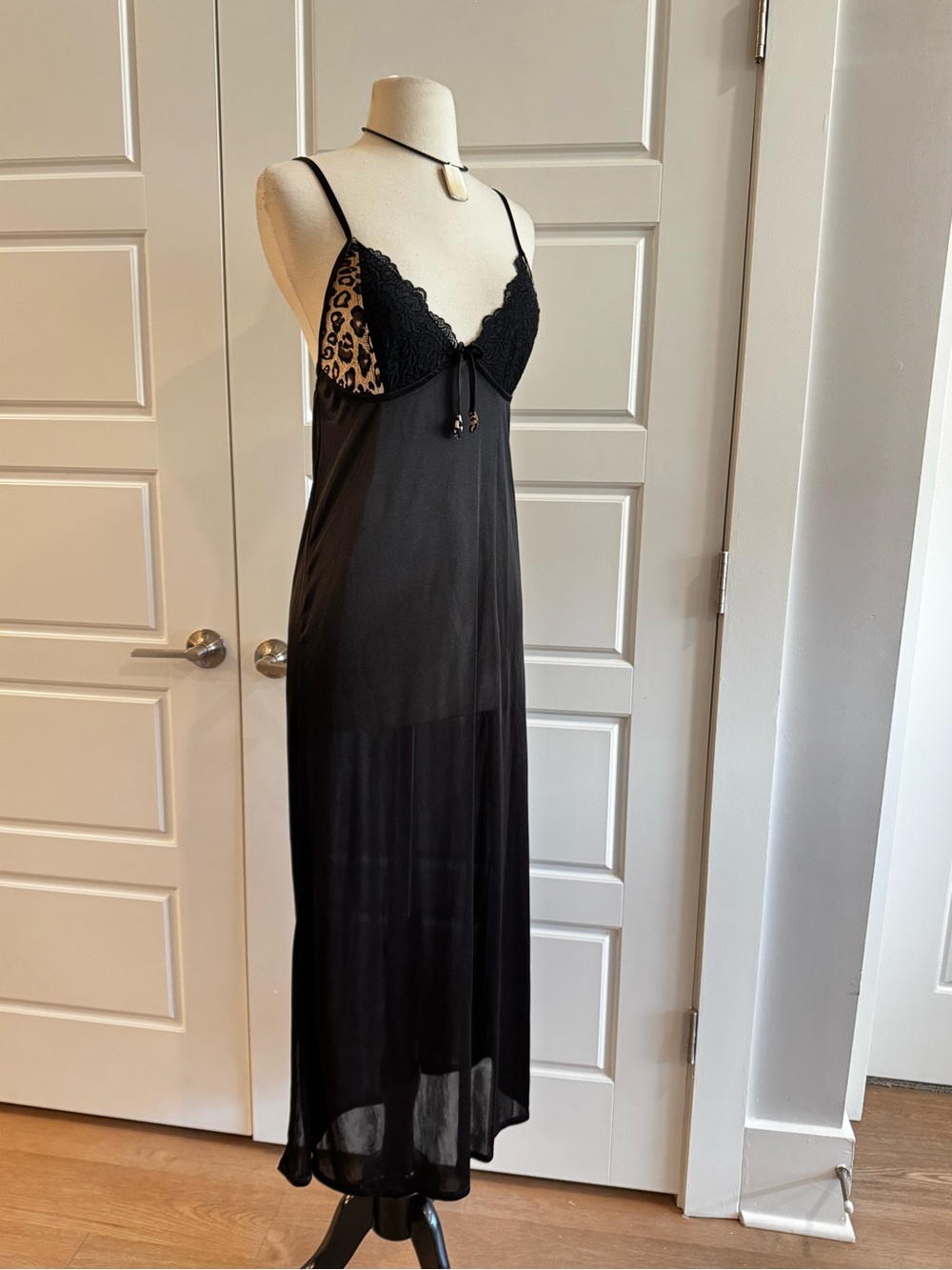 Black Lace & Leopard Trim Slip Dress - Women Intimates